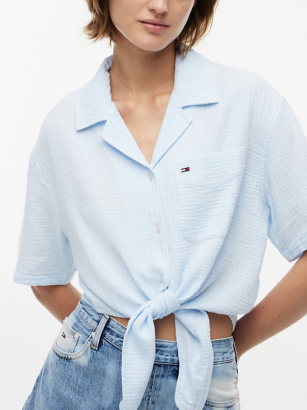 Crinkle Tie Front Short Sleeve Shirt