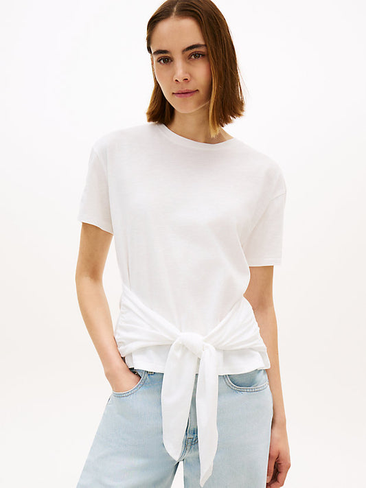 Self-Tie Textured Relaxed Crew Neck T-Shirt