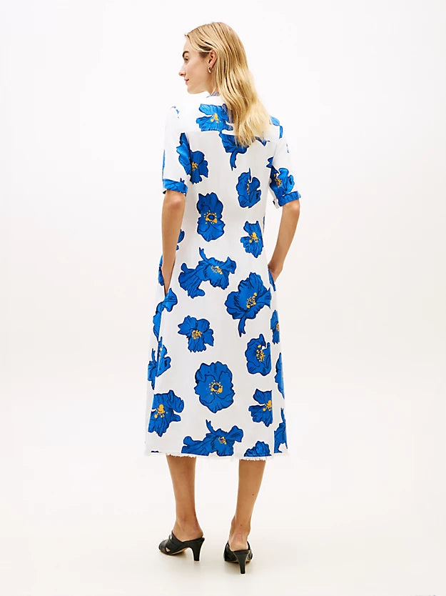 Frayed Linen Blend Midi Shirt Dress