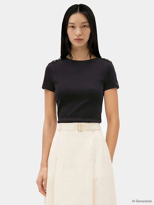 Gold-Tone Button Slim Boat Neck T-Shirt