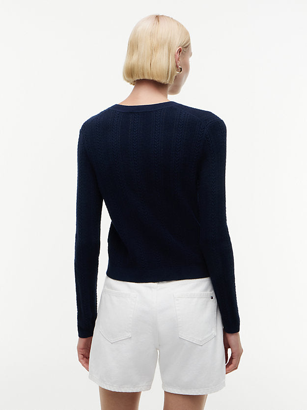 Pointelle Gold-Tone Button Henley Neck Jumper