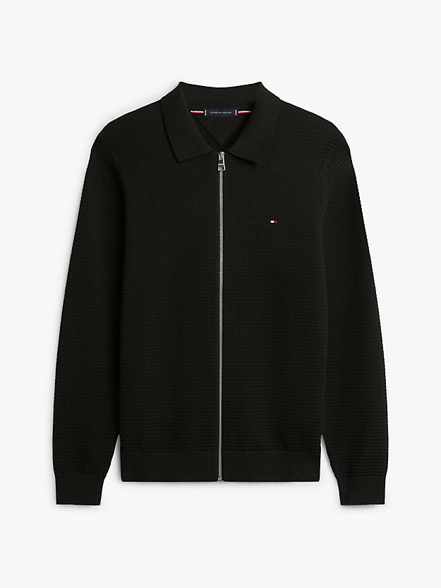 Textured Knit Zip-Thru Polo Cardigan