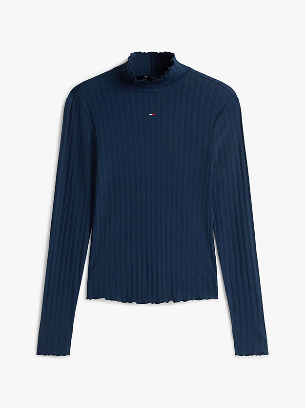 Ruffle Ribbed Slim Mock Neck Top