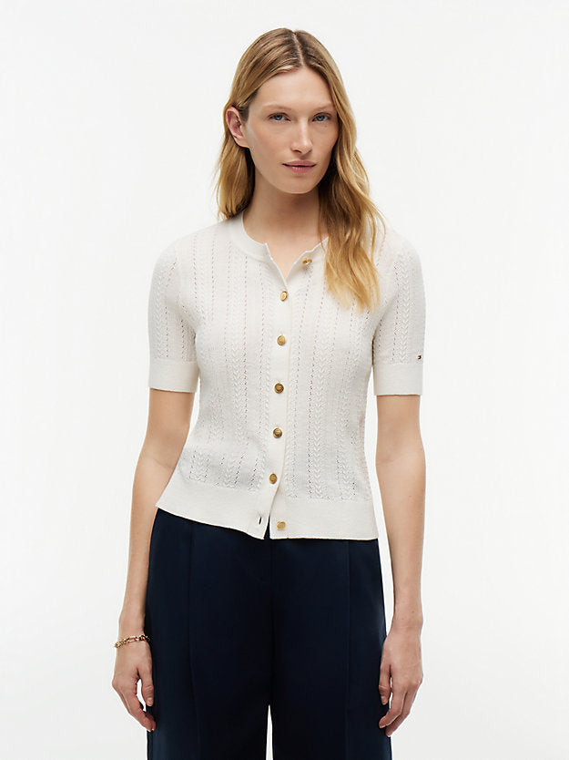 Pointelle Gold-Tone Button Short Sleeve Cardigan