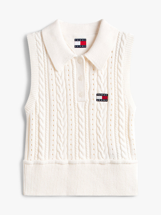 Badge Washed Cable Knit Polo Jumper