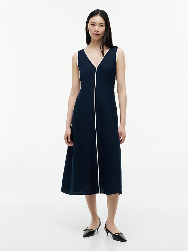 Gold-Tone Button Linen Blend Maxi Dress