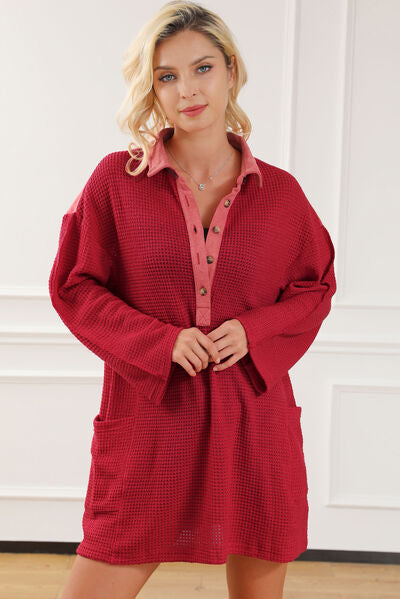 Kleid mit Hemdkragen, halber Knopfleiste und Taschen