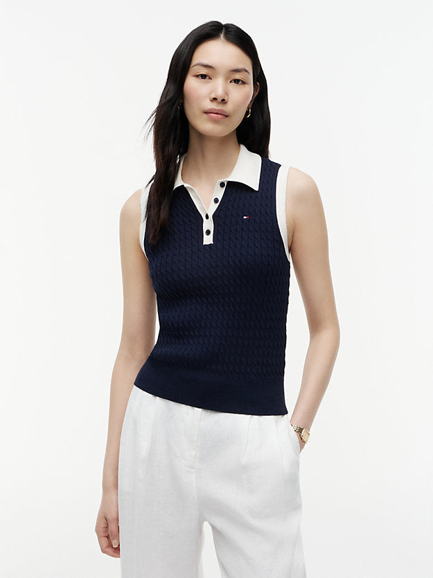 Cable Knit Slim Sleeveless Polo Jumper