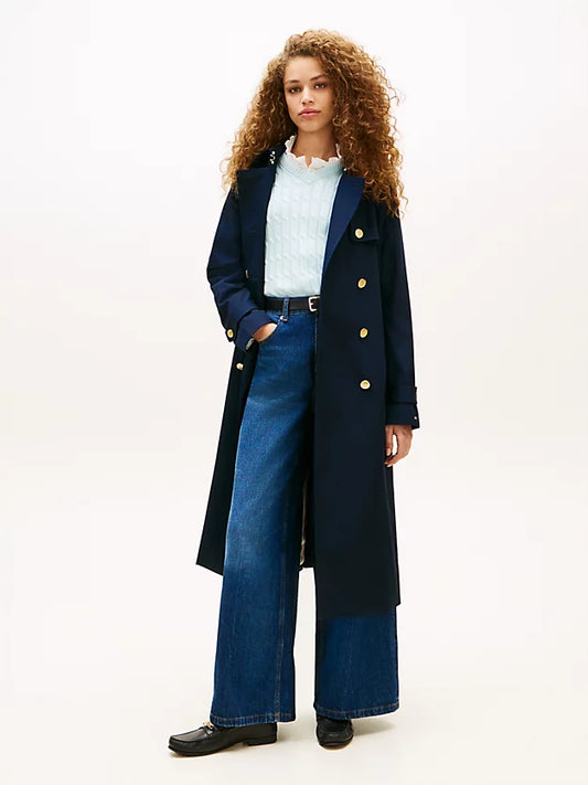 Gold-Tone Button Slim Trench Coat