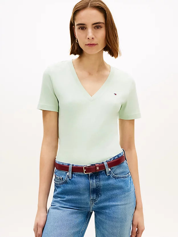 Flag Embroidery Slim V-Neck T-Shirt