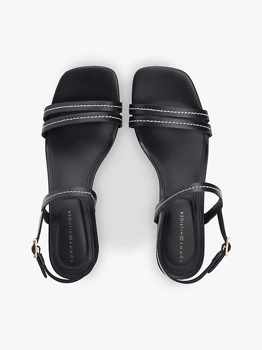Leather Contrast Topstitch Block Heel Sandals