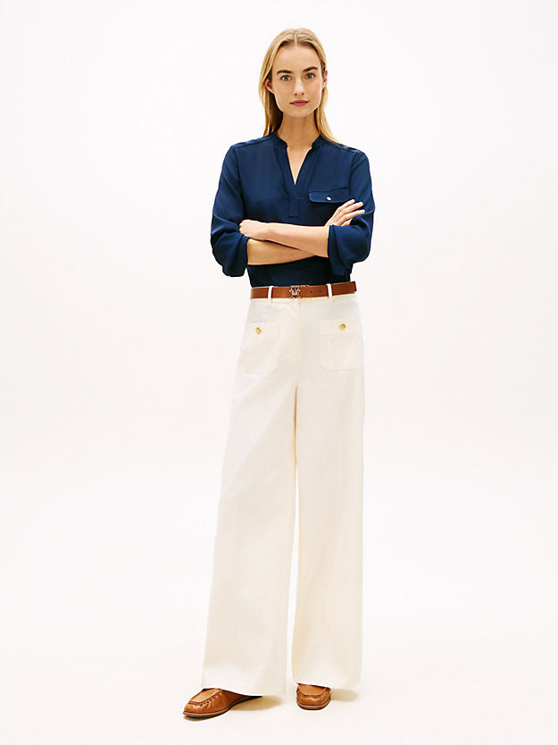 Crest Embossed Button Wide Leg Chinos