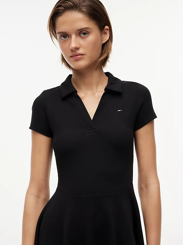 Ribbed Fit And Flare Mini Polo Dress