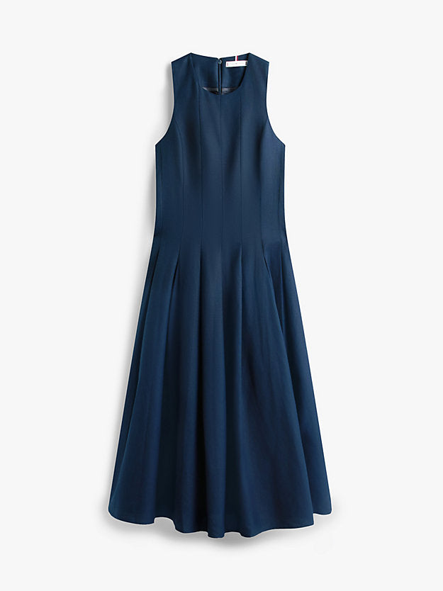 Gold-Tone Button Linen Blend Midi Dress