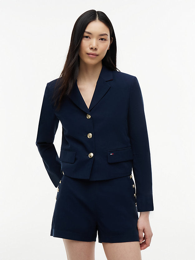 Gold-Tone Button Regular Fit Cropped Blazer