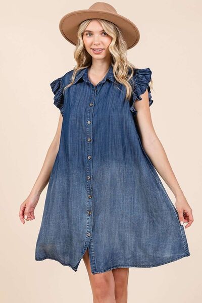 Mittoshop Minikleid mit Rüschenärmeln aus gewaschenem Chambray und Knopfleiste