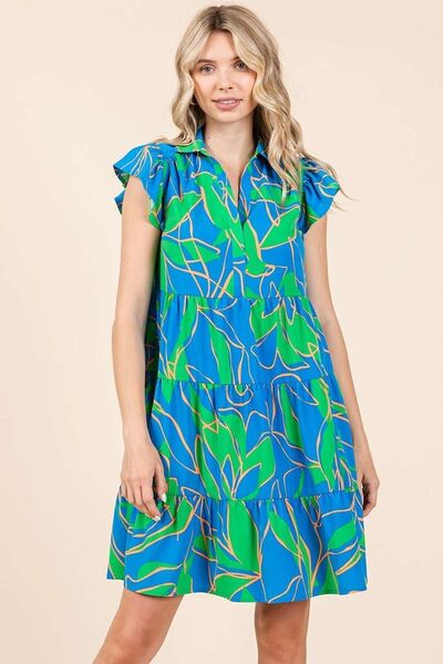 Mittoshop Minikleid mit Blätterdruck, Volantärmeln und Stufenrock