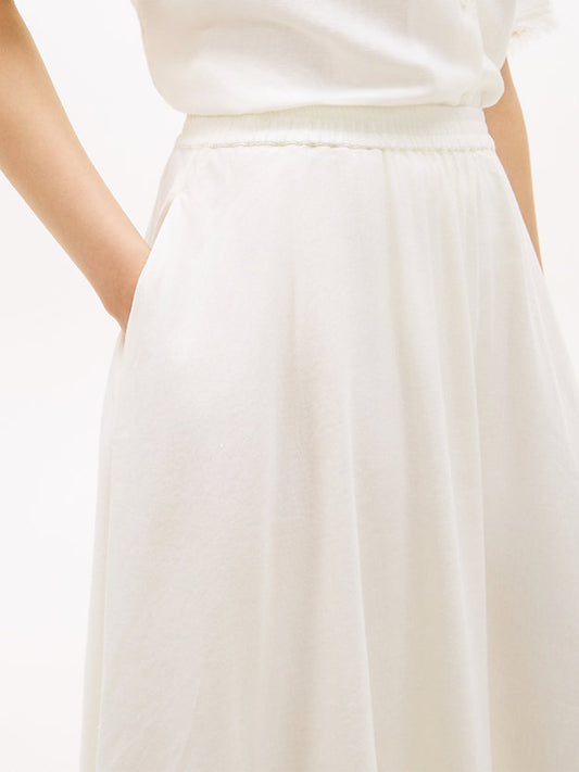 Pleated Linen Blend Midi A-Line Skirt
