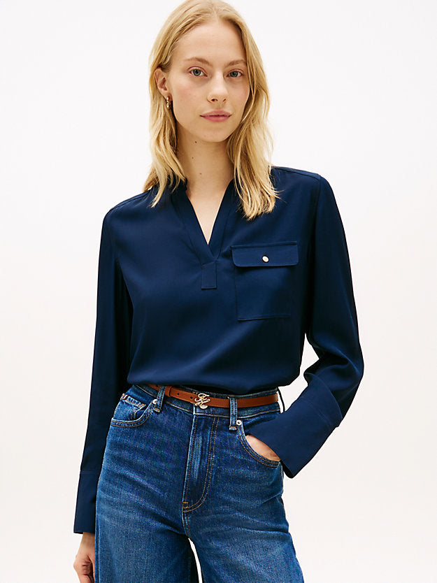 Relaxed Fit Gold-Tone Button V-Neck Blouse