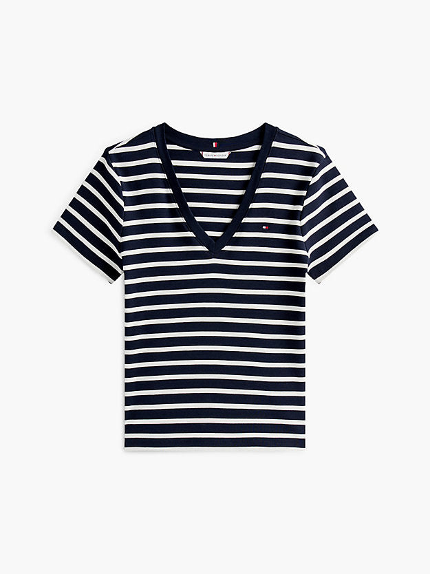 Flag Embroidery Slim V-Neck T-Shirt