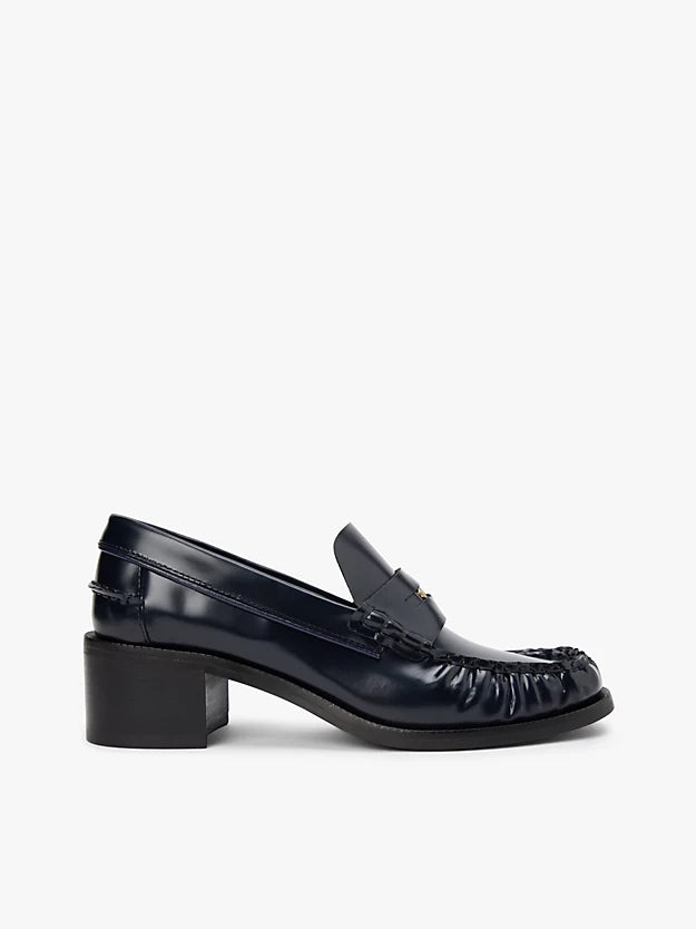 Shiny Leather Block Heel Penny Loafers