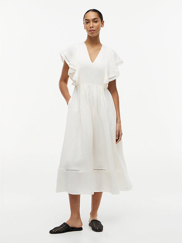 Linen Blend Frill Sleeve Midi Dress