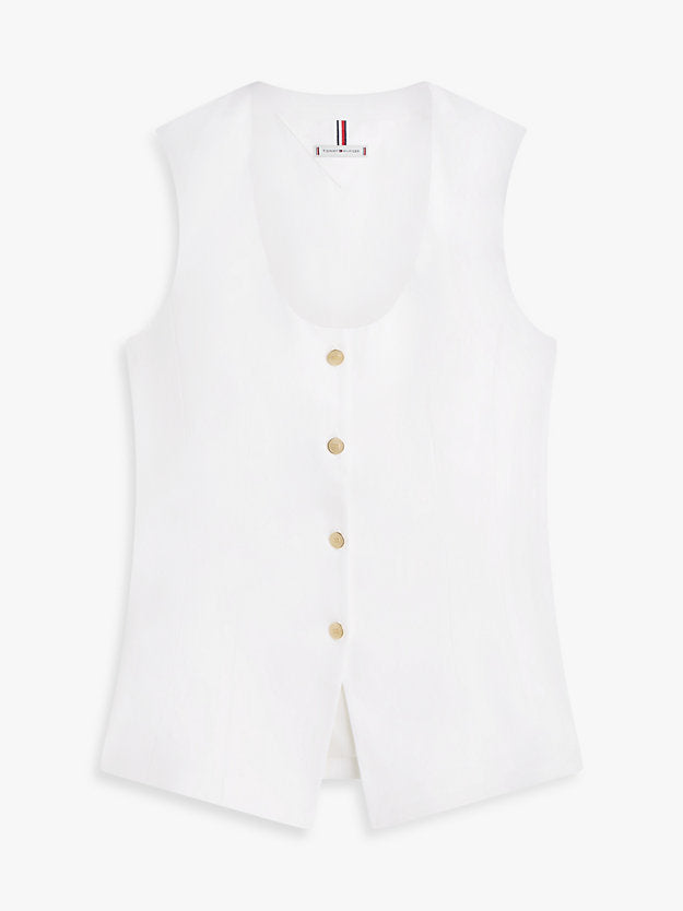 Gold-Tone Button Linen Blend Slim Waistcoat