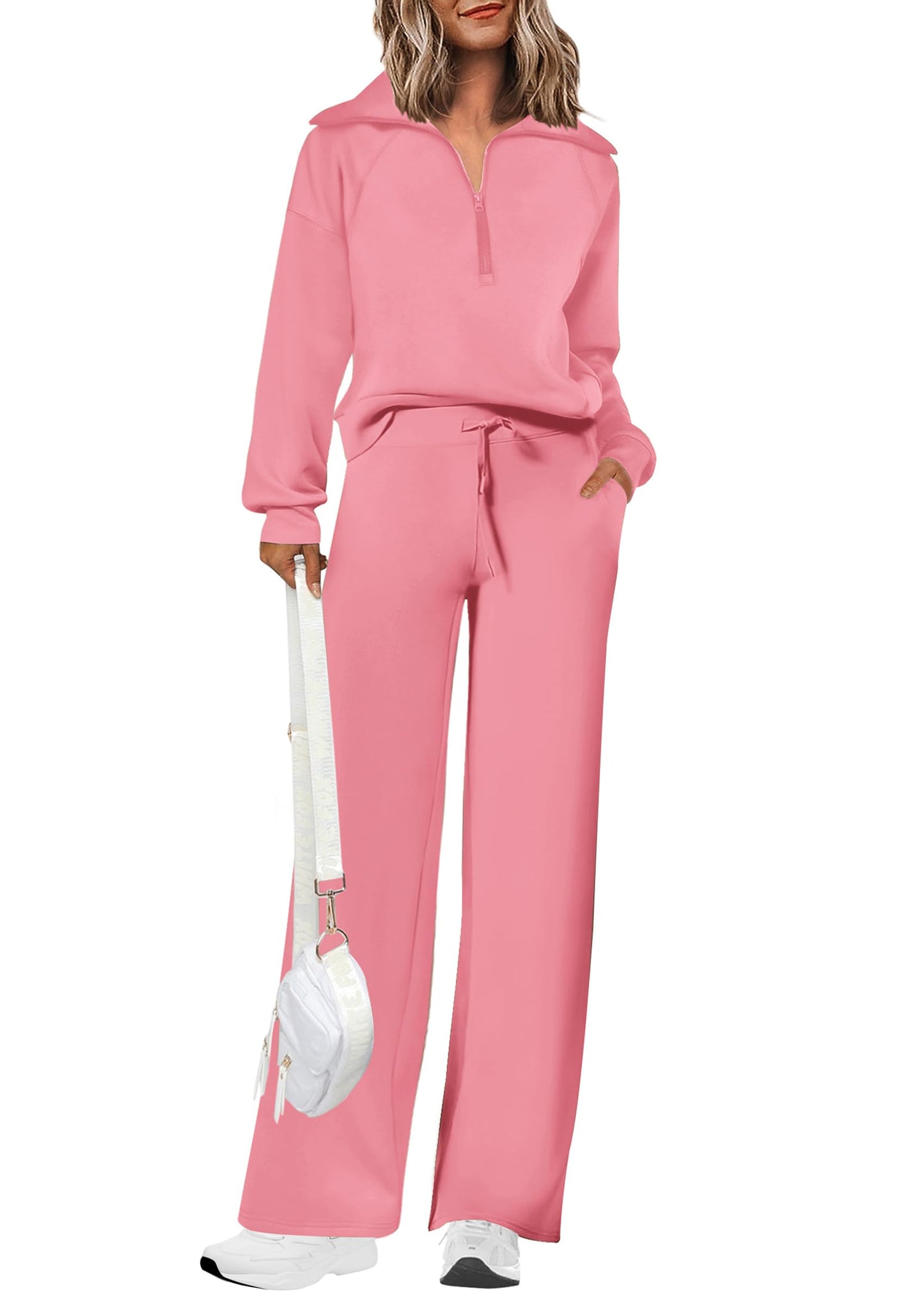 Damen Baumwoll-Zweiteiler Revers Halb-Zip Sweatshirt Weite Bein Sweathose Freizeitanzug