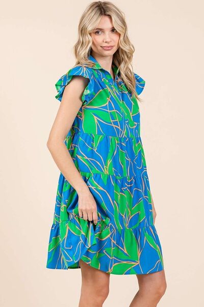 Mittoshop Minikleid mit Blätterdruck, Volantärmeln und Stufenrock