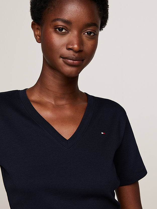Flag Embroidery Slim V-Neck T-Shirt
