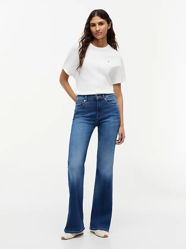 Whiskered Mid Rise Flared Jeans