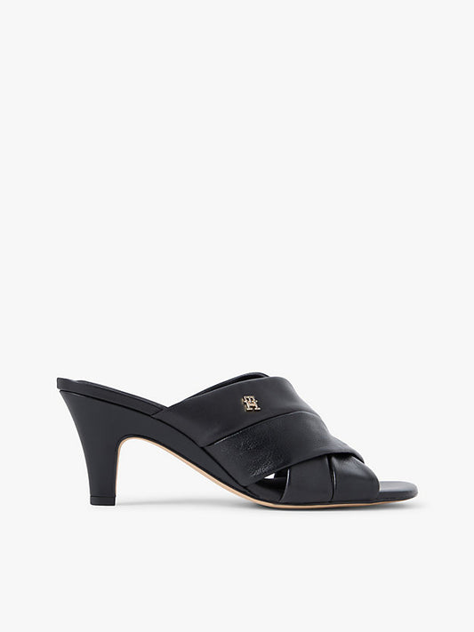 Leather Crossover Strap Heeled Mules