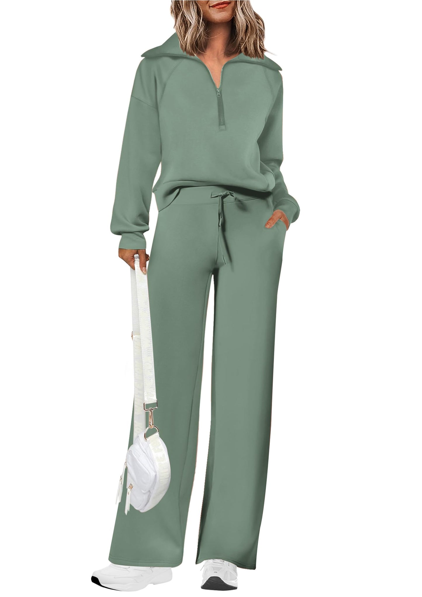 Damen Baumwoll-Zweiteiler Revers Halb-Zip Sweatshirt Weite Bein Sweathose Freizeitanzug