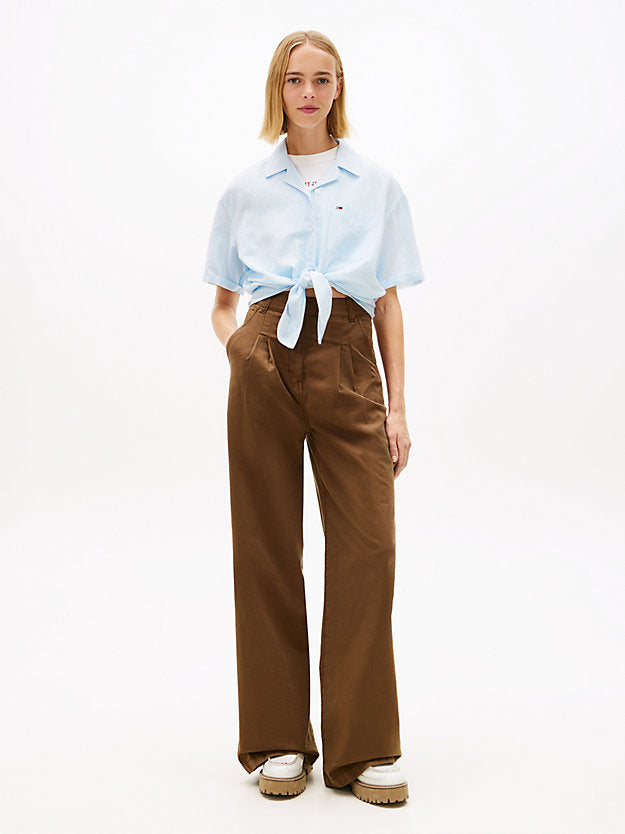 Relaxed Fit Linen Blend Tie Front Shirt