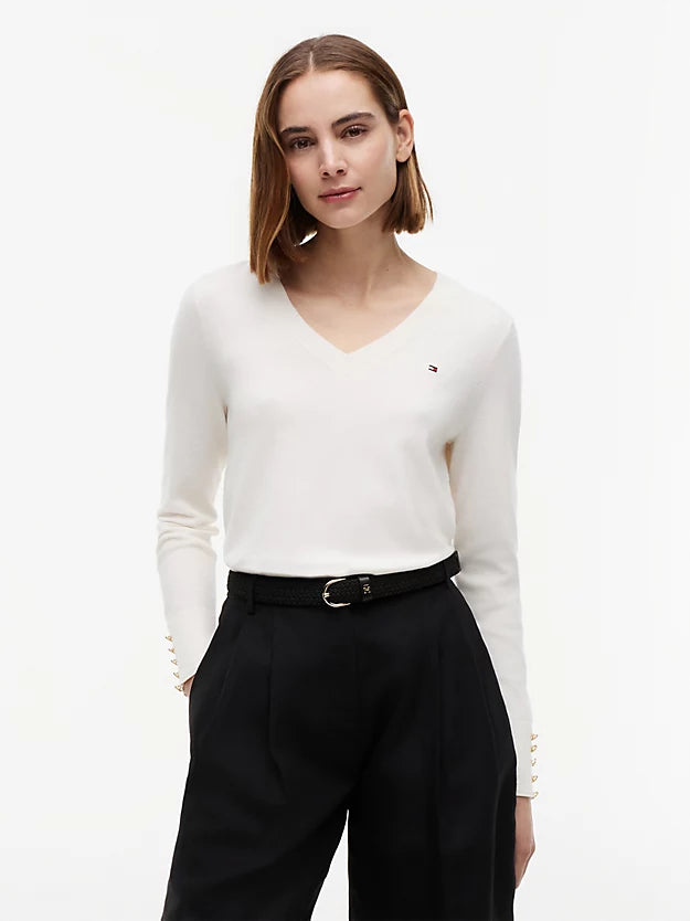 Gold-Tone Button Cuff V-Neck Jumper