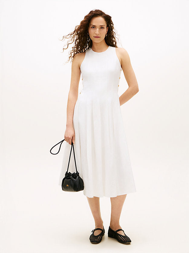 Gold-Tone Button Linen Blend Midi Dress