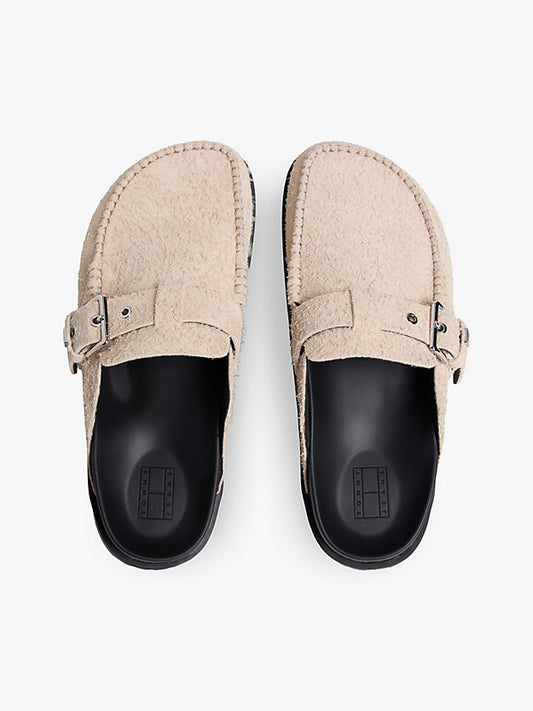 Textured Suede Buckle Mules