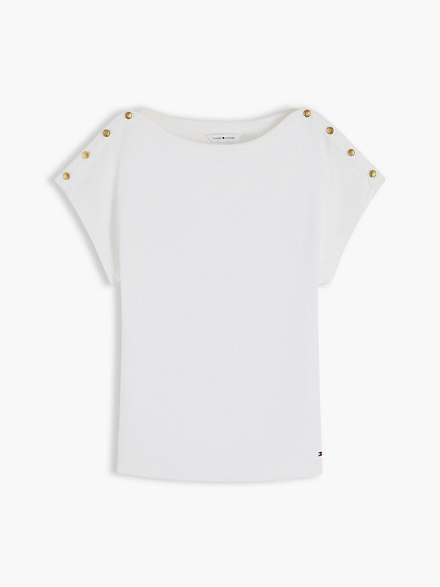 Gold-Tone Button Boat Neck T-Shirt