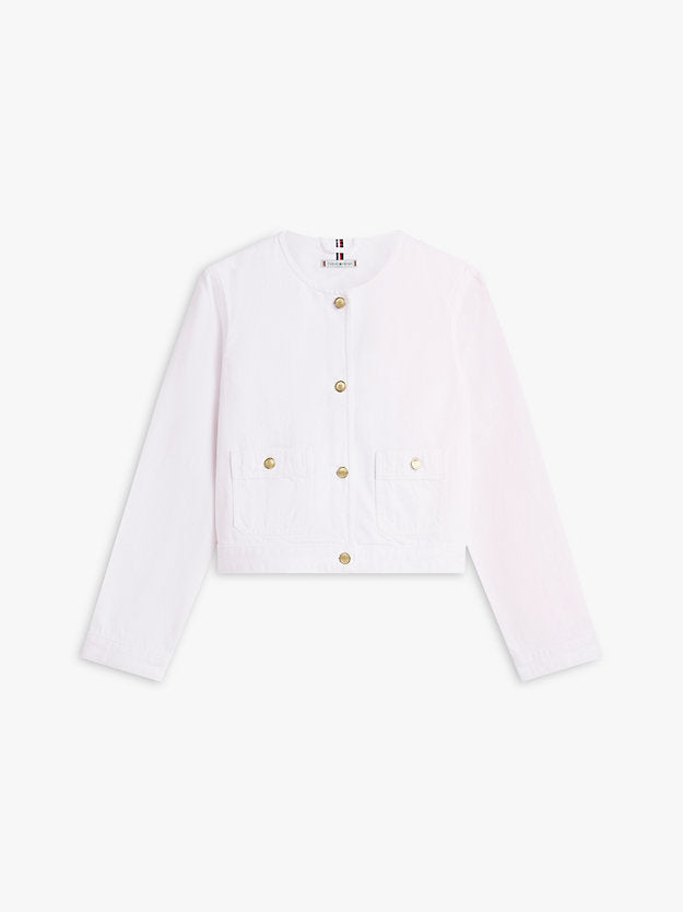 Gold-Tone Button Collarless Denim Jacket