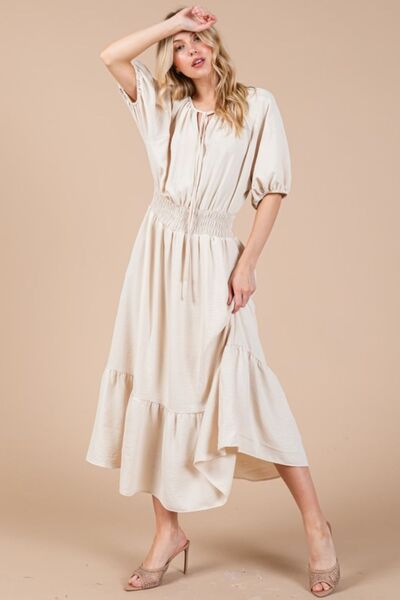 Ces Femme Gesmoktes Kleid mit elastischem Bund, Bindekragen und Puffärmeln