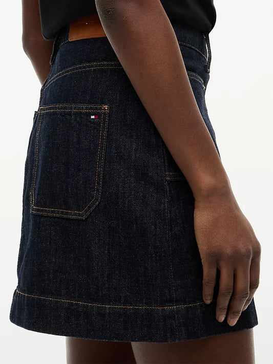 Gold-Tone Button Denim Mini Skirt