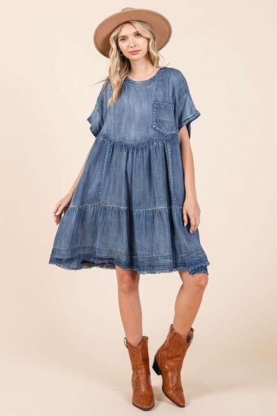 Mittoshop Washed Chambray Denim Oversized Stufen-Minikleid