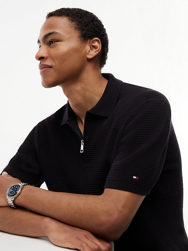 Regular Fit Textured Knit Zip Polo Shirt