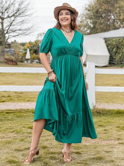 Große Größen V-Ausschnitt Kurzarm Rüschensaum Kleid